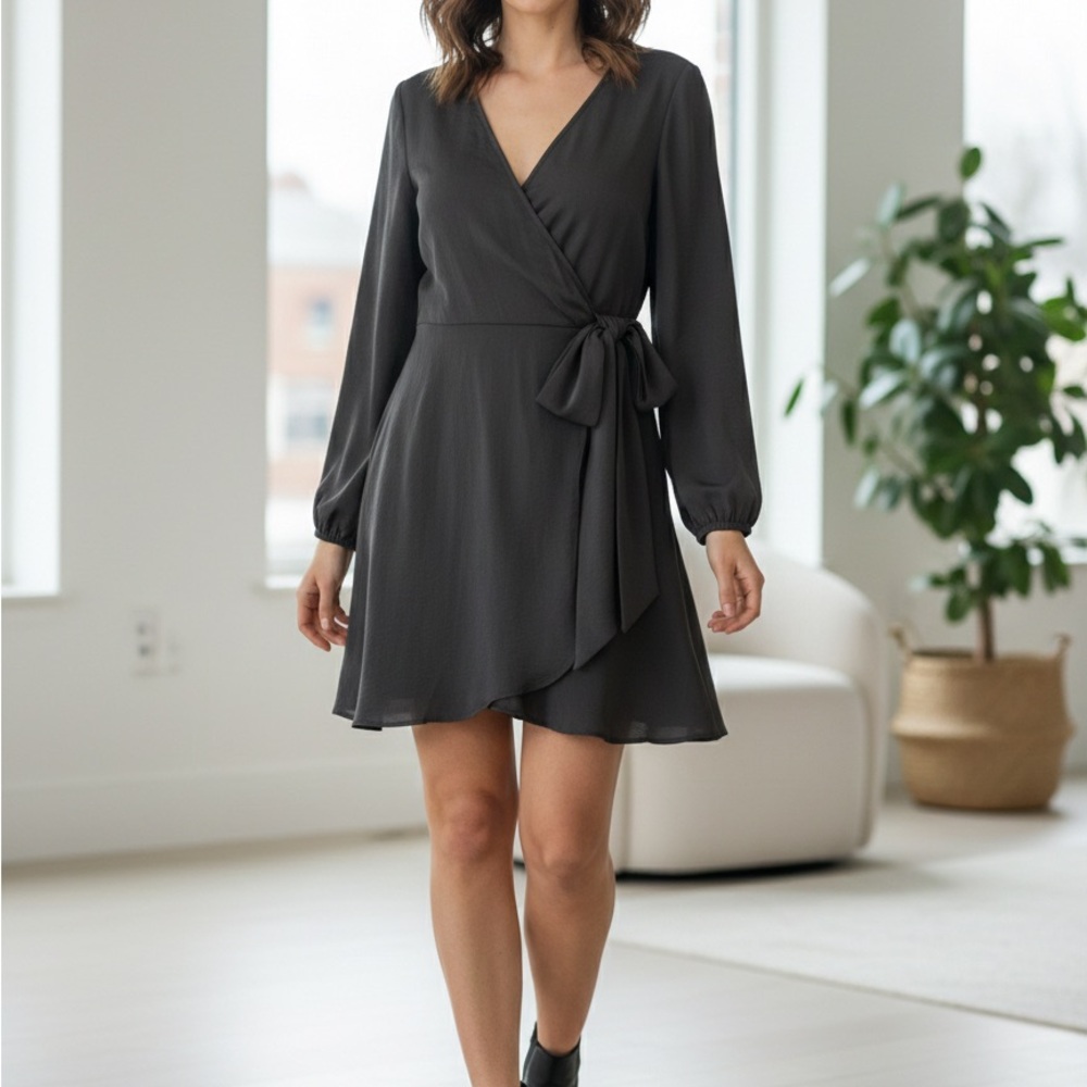 Express Charcoal Long Sleeve Wrap Dress
